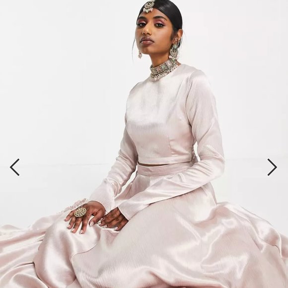 Kanya London Lehenga with Long Sleeved Crop Top and Full Flare Skirt in Pink - Picture 1 of 7